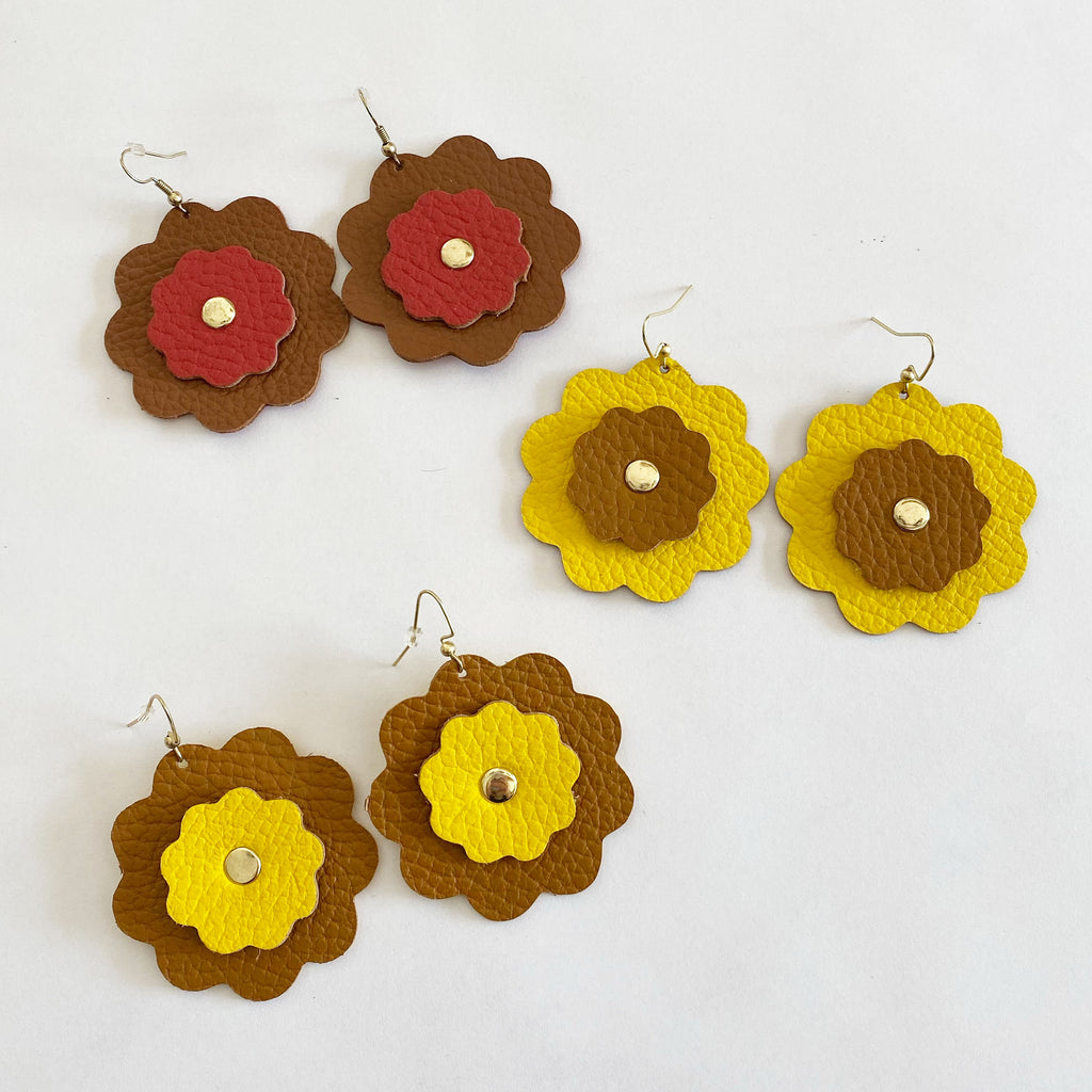 Two Color Daisy Leather Earrings